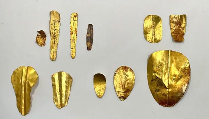 Image shows gold tongues and gold nails that were found at Oxyrhynchus, Egypt. — Egyptian Ministry of Tourism and Antiquities