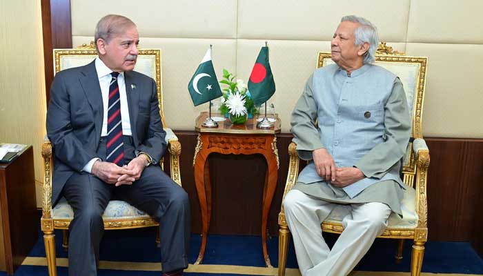 Prime Minister Shehbaz Sharif meets Bangladesh Chief Adviser Dr Muhammad Yunus in Cairo, Egpyt on the sidelines of D-8 summit, December 19, 2024. — PID