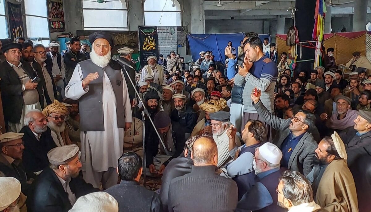 This photograph taken on December 5, 2024, shows men gathered during jirga, a tribal council meeting wherein village elders resolve disputes, at a Shia mosque after sectarian clashes in Parachinar, Khyber Pakhtunkhwa. — AFP