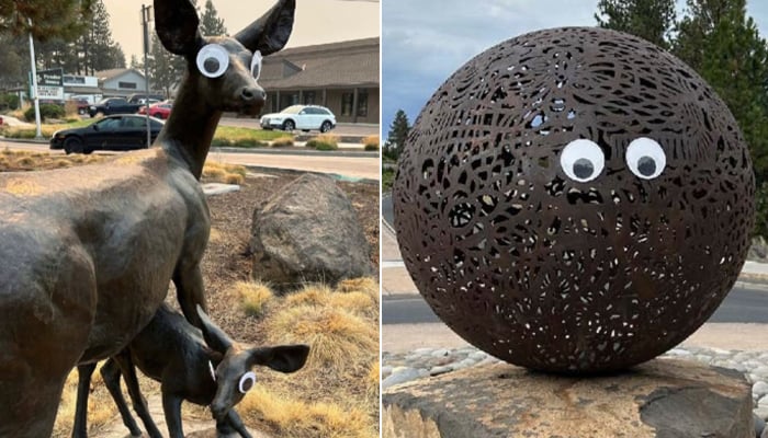 Two of the statues in the city of Bend, Oregon pictured with googly eyes sticking on them. — Facebook/City of Bend, Oregon Government