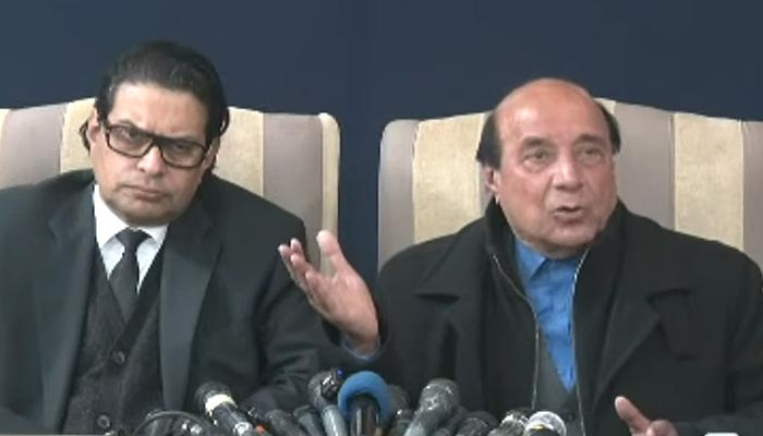 Pakistan Tehreek-e-Insaf (PTI) leaders Salman Akram Raja (left) and Latif Khosa addressing a press conference on Saturday, December 21, 2024. — Screengrab via Geo News