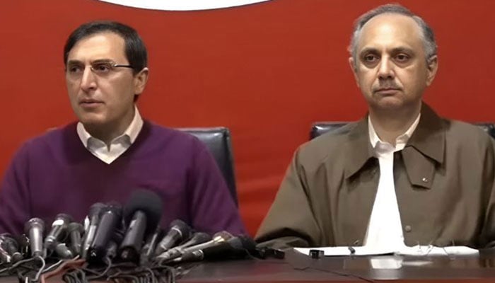 PTI Chairman Barrister Gohar Ali Khan and Opposition Leader Omar Ayub Khan are seen during a presser in this still taken from a video. — YouTube/Geo News Live