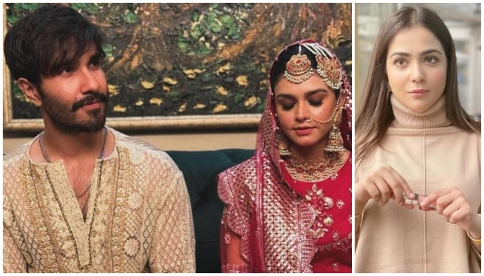 The collage shows actor Feroze Khan with his wife Dr Zainab (left) and his sister and actor Humaima Malick. — Instagram/@ferozekhan/@humaimamalick