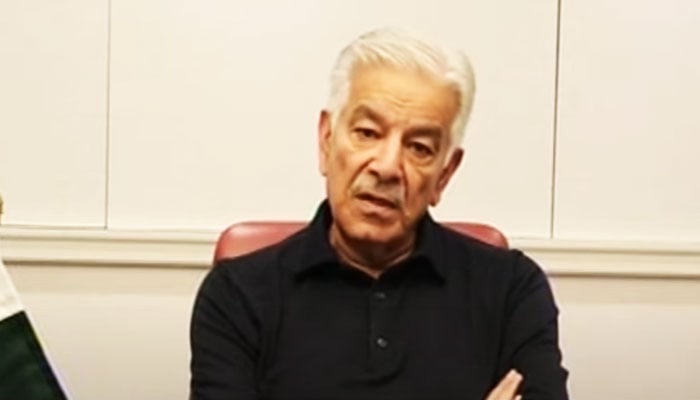 Defence Minister Khawaja Asif speaks during an address in London on December 22, 2024. — YouTube/Geo News