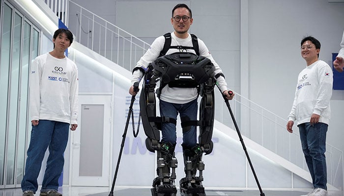 Kim Seung-hwan, who is himself a paraplegic and part of the Exoskeleton Laboratory team at the Korea Advanced Institute of Science and Technology (KAIST), demonstrates the prototype of exoskeleton robot WalkON Suit F1 at KAIST in Daejeon, South Korea, November 27, 2024. — Reuters