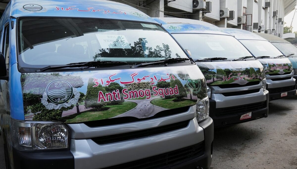 A view of anti-smog squad vehicles parked outside the office of the Environment Protection and Climate Change Department in Lahore, November 4, 2024. — Reuters