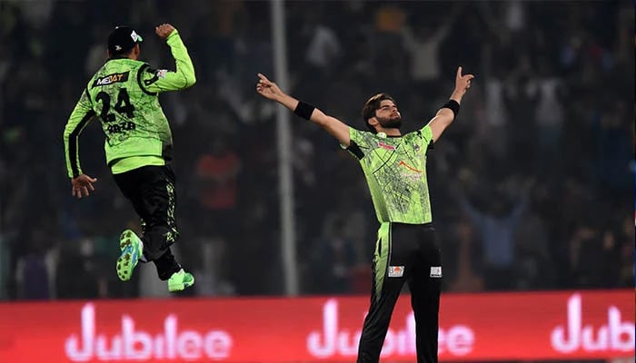 Lahore Qalandars Shaheeh Shah Afridi celebrates a wicket during a Pakistan Super League match in this undated photo. — AFP