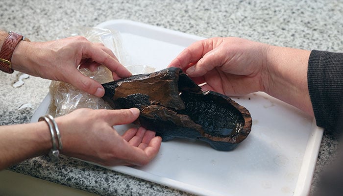 Archaeologist Silke Lange and a co-worker handle a 16th-century Dutch clog, which was found in a cesspool in Alkmaar, at a laboratory in Zaandam, Netherlands, December 20, 2024. — Reuters