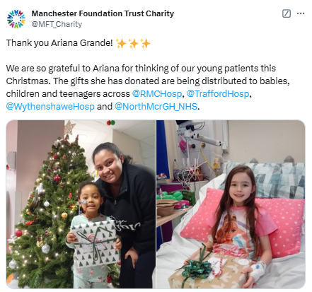 Ariana Grande brings festive joy for hospitalized children in Manchester