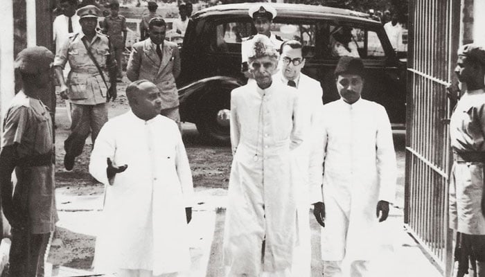 Quaid-i-Azam Muhammad Ali Jinnah pictured with Khawaja Nazimuddin during the former’s visit to Dhaka in April, 1948. — PID