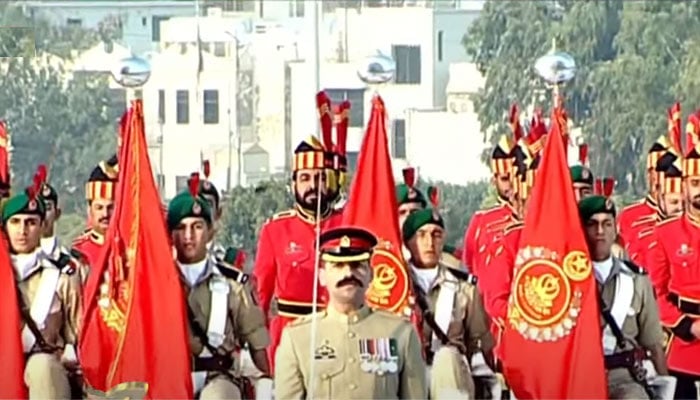 Pakistani cadets pictured at a change of guard ceremony at the Mazar-e-Quaid Mausoleum in this still taken from a video on December 25, 2024. — YouTube/Geo News Live