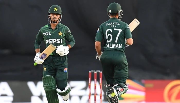 Saim Ayub and Salman Agha put up a valuable partnership during first ODI between South Africa and Pakistan in Paarl on December 17, 2024. — AFP