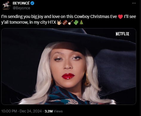 Beyonces Christmas halftime show on Netflix is scheduled to release on December 25