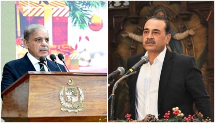 Prime Minister Shehbaz Sharif (left) and Chief of Army Staff (COAS) General Syed Asim Munir address  separate events held in connection with Christmas on December 25, 2024. — PID/ISPR