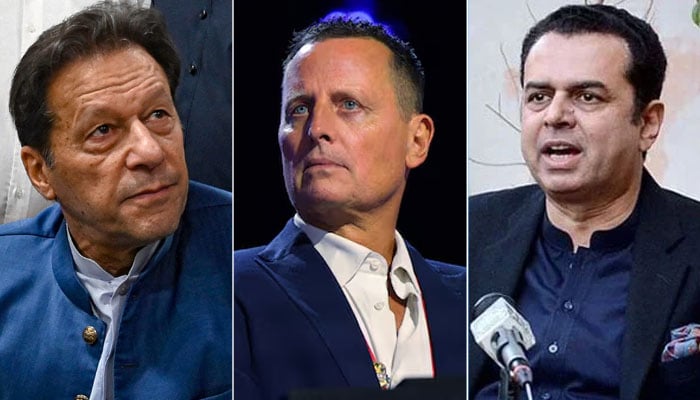 Former prime minister Imran Khan (Left), Richard Grenell, US President-elect Donald Trump’s nominee as envoy for special missions (Centre) and Pakistan Muslim League-Nawaz Senator Talat Chaudhry. — AFP/Reuters/APP/File