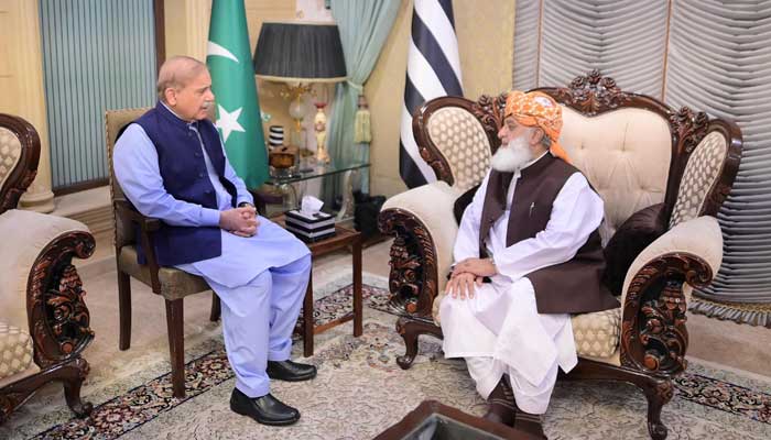 Prime Minister Shehbaz Sharif meets JUI-F chief Maulana Fazlur Rehman in Islamabad, on June 13, 2024. — PID