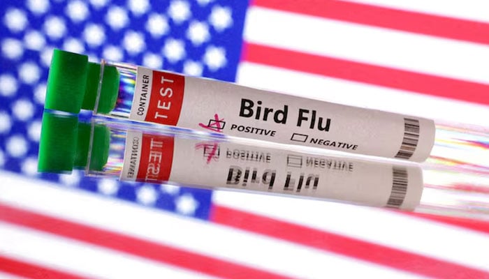 This representational image shows a test tube labelled Bird Flu in front of US flag on June 10, 2024. — Reuters