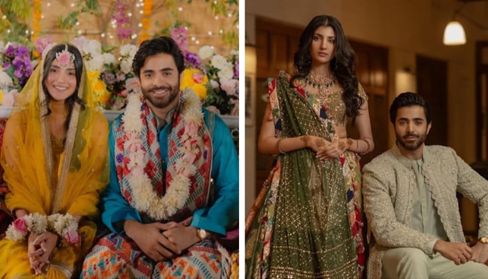 On the left is a picture of Maheen Siddiqui and Shehryar Munnawar on their mayoun night whereas on the right side is a picture of the couple from a music festivity. — Instagram/@maheenhsiddiqui/@sheheryarmunawar