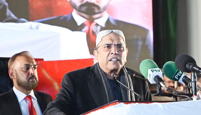 President Asif Ali Zardari addresses gathering in Garhi Khuda Bakhsh on December 27, 2024. — X/@MediaCellPPP