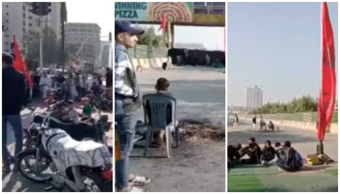 This collage shows MWM workers staging sit-ins on arterial roads in Karachi on December 27, 2024. — Screengrab via Geo News