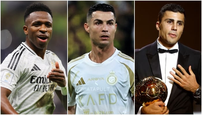 (Left to right) This combination of images shows Real Madrids Vinicius Junior, Al Nassrs Cristiano Ronaldo and Manchester Citys Rodri. — Reuters/File