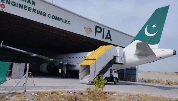 A PIA aircraft parked inside a shade in Nur Khan Engineering Complex in Islamabad on February 9, 2023. — X@PIA