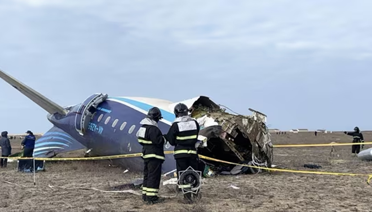 The wreckage of the Azerbaijani Airlines-operated Embraer 190, flight J2-8243, near Kazakhstans Aktau city on December 35, 2024. — AFP