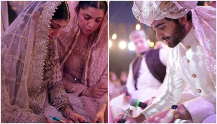 Actors Maheen Siddiqui (left) and Sheheryar Munawar signing nikahnama. — Instagram/@sheheryarmunawar