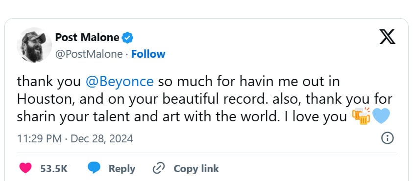 Post Malone gives Beyoncé sweet shoutout after NFL Halftime collab