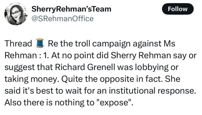 Sherry Rehmans office slams ‘troll campaign backed by Trumps nominee Grenell