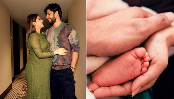 A collage of pictures showing acting couple Hiba Bukhari and Arez Ahmed and the couple holding their babys foot in their hands. — Instagram/@ihibaqadir