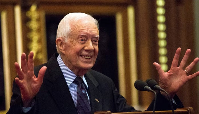 Former US President Jimmy Carter delivers a lecture on the eradication of the Guinea worm, at the House of Lords in London, Britain February 3, 2016. — Reuters