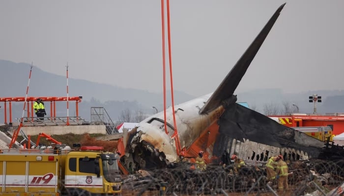 People stand as the wreckage of an aircraft lying on the ground after it went off the runway and crashed at Muan International Airport is pictured, in Muan, South Korea, December 30, 2024. — Reuters