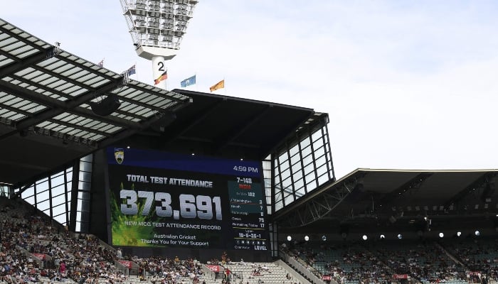 The total match attendance figure is displayed on day five of the fourth cricket Test match between Australia and India at the Melbourne Cricket Ground (MCG) in Melbourne on December 30, 2024. — AFP