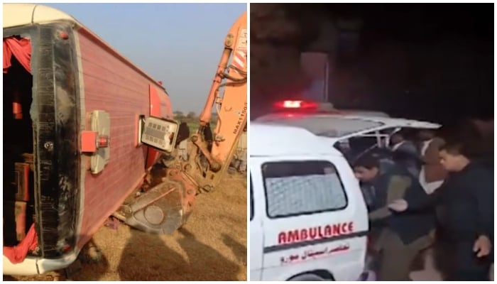 This collage shows passenger bus overturned on M-14 Motorway near Punjabs Fateh Jang (left) while other picture shows rescue workers shifting wounded passengers to hospital in Sindhs Naushahro Feroze. — Reporter/Screengrab via Geo News