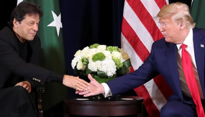 Current US President-elect Donald Trump greets then-prime minister Imran Khan during a bilateral meeting on the sidelines of the annual United Nations General Assembly in New York City, New York, US, September 23, 2019. — Reuters