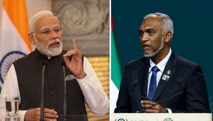 Narendra Modi and Mohammed Muizzu gesture during separate political gatherings. — Reuters/File