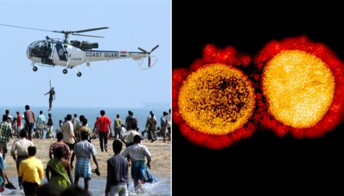 A helicopter airlifts a fisherman from Marina beach after a tsunami triggered by an earthquake in the Indian Ocean hit Madras, India. (L) and A transmission electron micrograph of SARS-CoV-2 virus particles. — Reuters/AFP/File