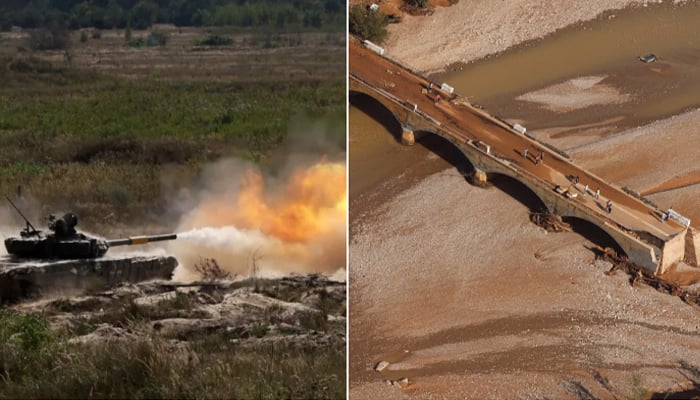 A Ukrainian tanks fires during a training exercise in the Chernihiv region (L) and A view shows people walking in an area affected by heavy rains that caused flooding near Valencia, Spain. — AFP/Reuters/File