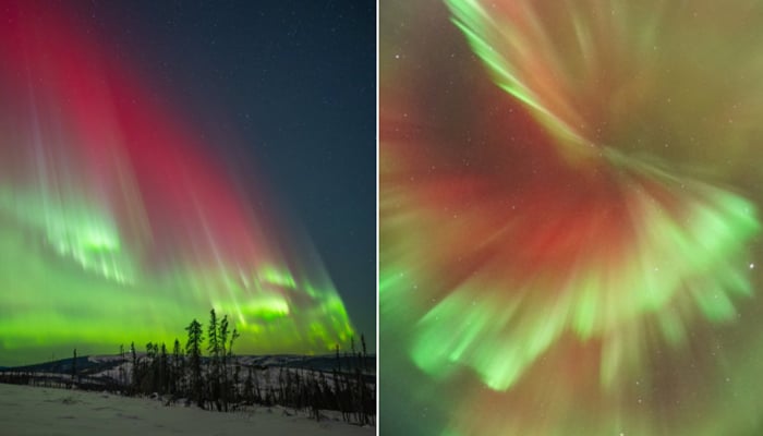 A combo of the aurora borealis gracing the night sky in the Northern Hemisphere. — X/@Vincent_Ledvina