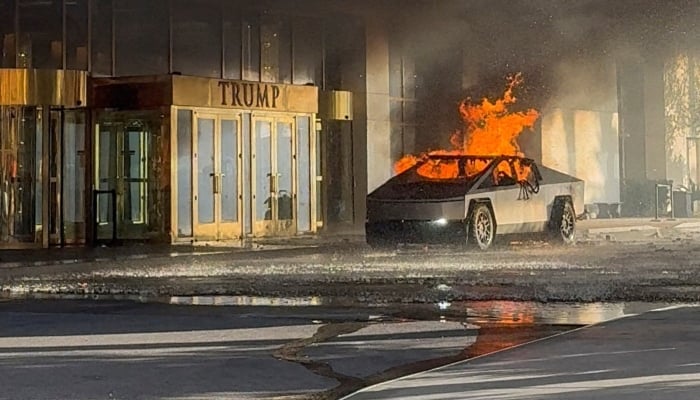 Flames rise from a Tesla Cybertruck after it exploded outside the Trump International Hotel, in Las Vegas, Nevada, US, on January 1, 2025 in this screengrab taken from a social media video. —Reuters