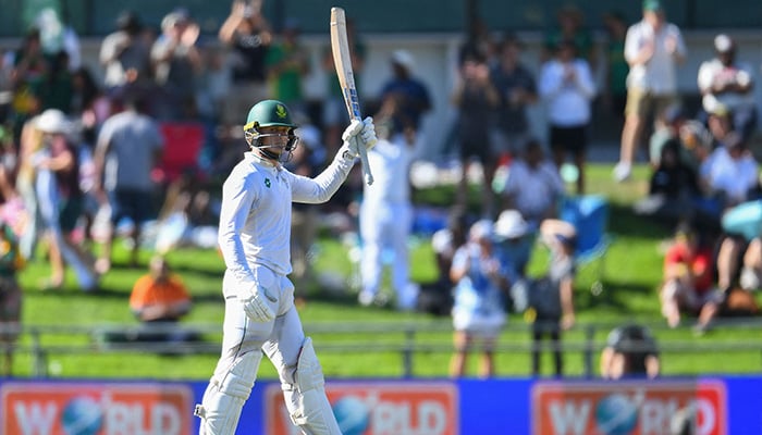 South Africas Ryan Rickelton celebrates after scoring a century and a half (150 runs) during the first day of the second international Test cricket match between South Africa and Pakistan at Newlands stadium in Cape Town on January 3, 2025. — AFP