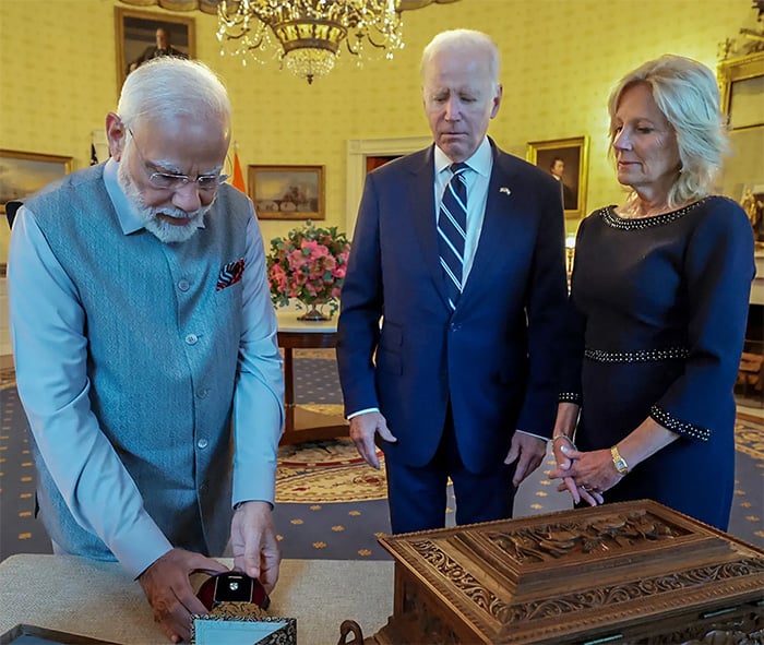 Indian Prime Minister Narendra Modi gifts to the US First Lady Jill Biden a lab-grown 7.5-carat green diamond in the presence of the US President Joe Biden at the White House on June 22, 2023. — Reuters