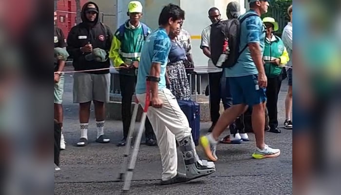 Saim Ayub walking with plastered leg after suffering ankle injury during the first day of the second Test match between South Africa and Pakistan at Newlands stadium in Cape Town on January 3, 2025. — Reporter