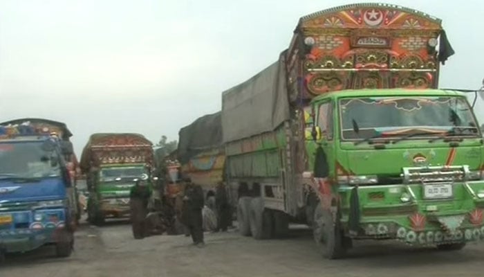 Trucks, part of relief convoy en route to Kurram, can be seen on January 4, 2025. — Screengrab via Geo News