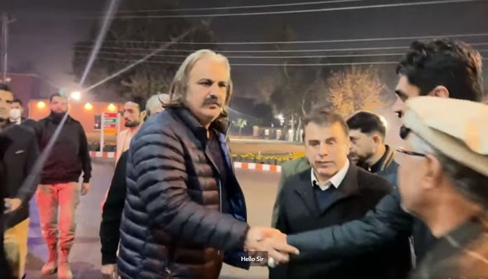 Khyber Pakhtunkhwa Chief Minister Ali Amin Gandapur arrives at CMH Peshawar to inquire after the injured in the Bagan firing incident on January 4, 2025. — Screenshot via Facebook@AliAminKhanGandaporPTI