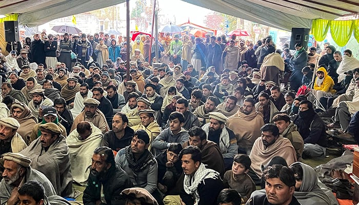 Men gathered during a sit-in protest in Parachinar on January 3, 2025, to condemn sectarian clashes in Kurram district, bordering Afghanistan. — AFP