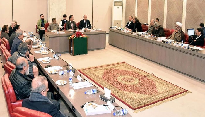 National Assembly Speaker Ayaz Sadiq chairs second meeting between government and PTI negotiation committee meeting in Parliament House, Islamabad on January 2, 2025  — PID