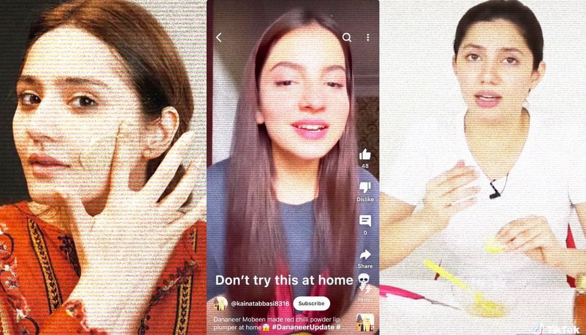 Screenshots of viral videos of Pakistani celebrities Dur-e-Fishan Saleem (left), Dananeer Mobeen, and Mahira Khan applying homemade beauty hacks. — Screenshots via TikTok and YouTube