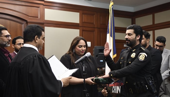 Pakistani American Ali Sheikhani takes the oath of office as Constable for Fort Bend County, Precinct 3, Texas, marking a historic moment.—coveringkaty website